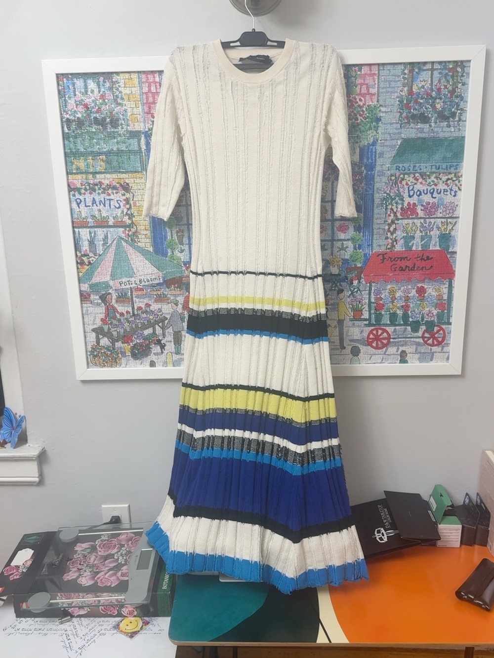 Women's Cream Knit Maxi Dress with Multicolor Stripes
